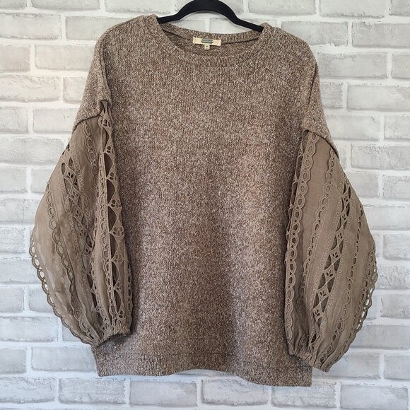 Gimmicks by BKE Wool Blend Sweater Eyelet Lace Arms Brown Boho Romantic Medium - Picture 1 of 8